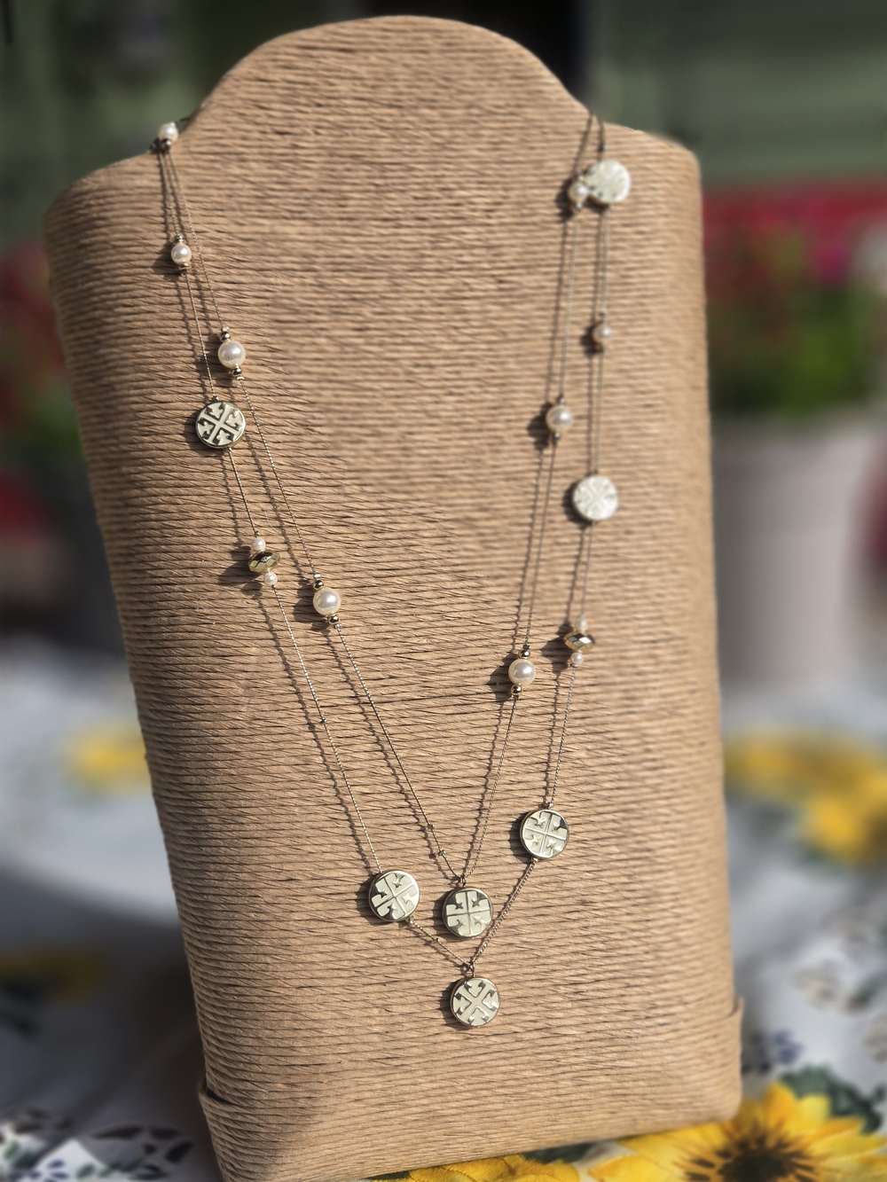 Tory Burch Gold-Tone Layered Coin Necklace with White Pearls